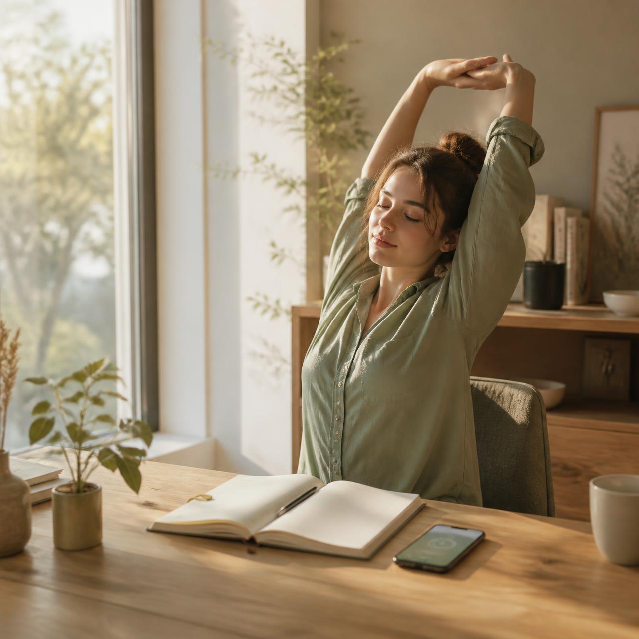 A person stretching and journaling at a sunlit desk beside a phone showing the SleepFitLearn app